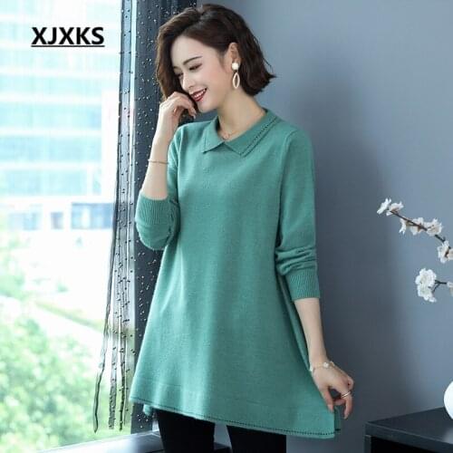 XJXKS 2020 autumn winter new fashion lapel women long sweater loose plus size comfortable cashmere knitted dress women pullover