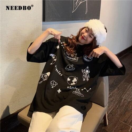 NEEDBO Summer Print T-shirt Women Cotton Short Sleeved Oversized Shirt Harajuku BF Lazy Style Top O-neck Tee Shirt Clothes Femme