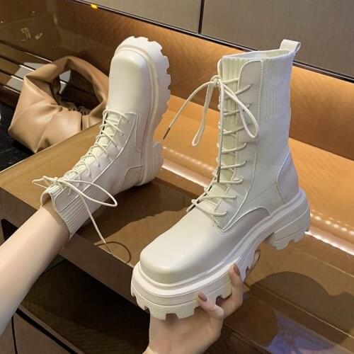 Punk Gothic Platform Boots Women Beige Black Sock Boots 2021 New Sexy Lace Up Black PU Leather Combat Mid-Calf Boots Chunky Heel