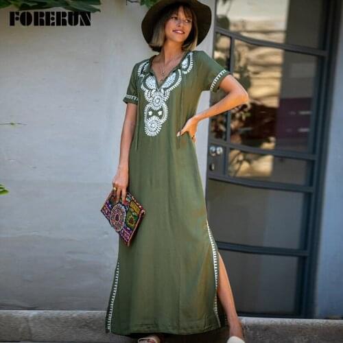 FORERUN Summer Embroidery Beach Dress Long Swim Suit Cover Up Women Side Split Deep V Neck Dresses Cotton Casual Beachwear Plage