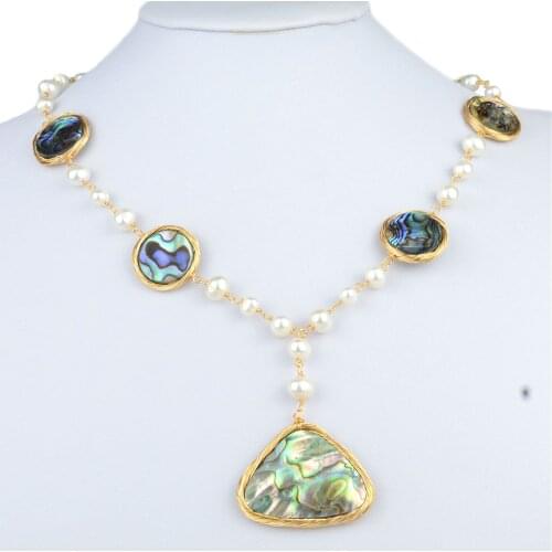 Nature Abalone Shell Pendant Necklace Freshwater Pearl Statement Choker Vintage Geometric Collar Women Bib Fashion Jewelry Gifts