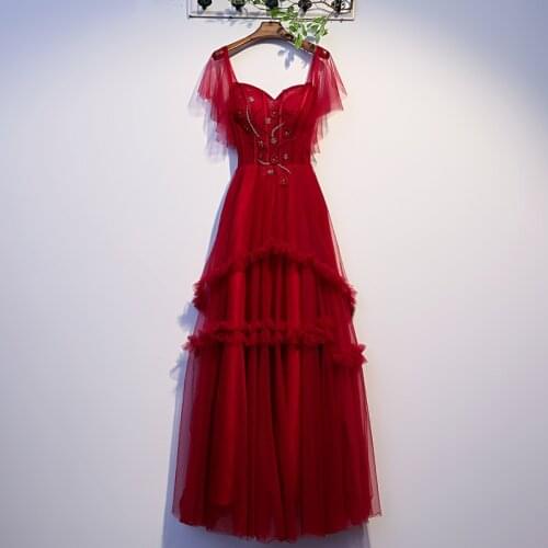 Bespoke Occasion Dresses Illusion V-neck Short Beading Tulle Luxury Burgundy Backless Vintage Women Formal Evening Gown HB232