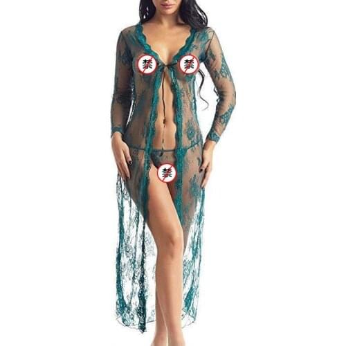 2020 Sexy Lace Womens Underwear T-back Long Dress Lingerie Tulle Female Transparent Illusion Sexy Nightdress