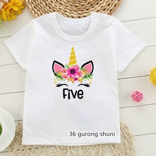 2021 Kawaii Unicorn Eyelashe Flower Birthday Gift Graphic Print T Shirts Girls T-Shirts Kids Clothes Harajuku Children Clothing