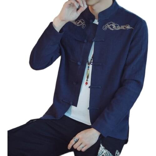 2021 Chinese Style Autumn Linen Long-Sleeved Shirt Men Retro Button-Down Shirt Stand Collar Bottom Shirt Plus-Size M-5XL