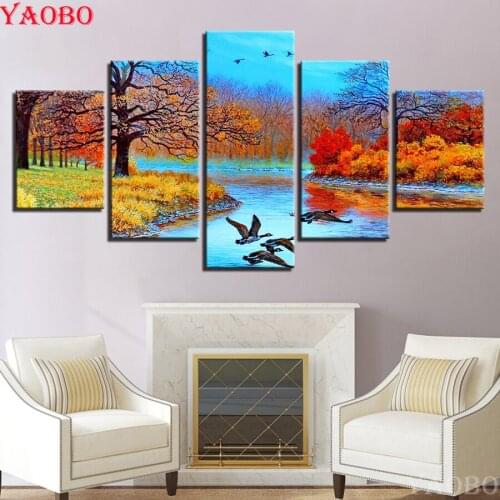 5d Cross Stitch Full Square Rhinestones Painting diy diamond painting Colorful Tree Lake Birds Picture mosaic Diamond Embroidery