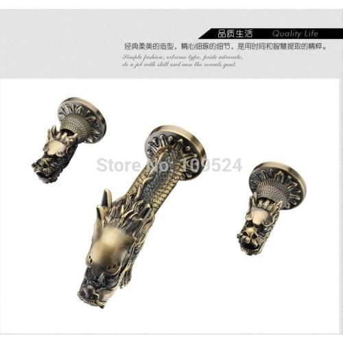 Free shipping Antique brass Widespread Bathroom Sink dragon Faucet wall mounted dragon lavatory sink mixer tap