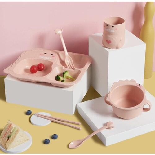 Baby Dinosaur Crab Animal Tableware Set 6Pcs Kids Dinner Training Bowl Cup Spoon Plate Fork Drop-resistant Feeding Dishes Gadget