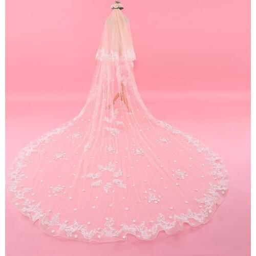 Beauty Champagne Bridal Veils Lace Cathedral Wedding Veils With Combs Two-Layer Blush Face Appliques Pleats Bridal Veil