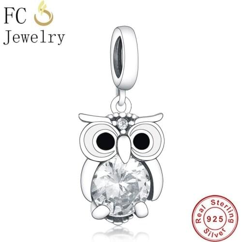 FC Jewelry Fit Original Brand Charm Bracelet 100% 925 Silver Zirconia Owl Black White Enamel Pendant Bead For Making Berloque