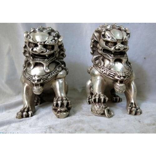 Fine silver sculpture lucky China carved Town house Foo Dogs Lions Pair Statue