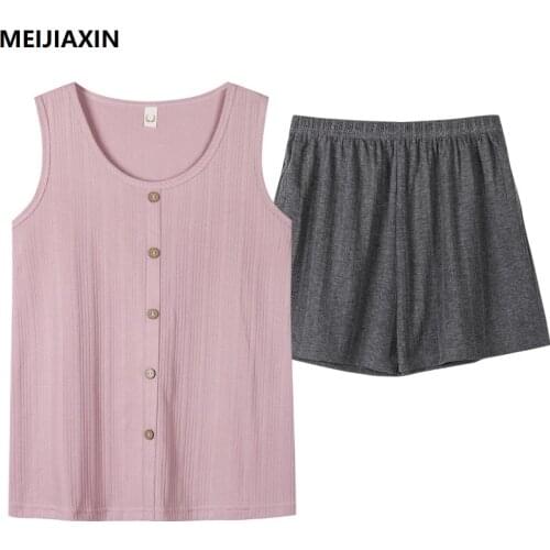 Summer Cotton Pajamas Set Girls Sweet Vest Nightwear Sleeveless Casual Soft Plus Size 3XL Female Home Clothing