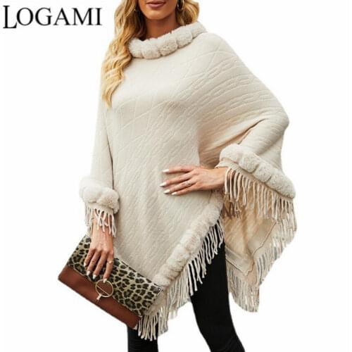 LOGAMI Fur Collar Solid Color Knitted Cape Shawl Bat Sleeve Autumn Winter Oversize Capes & Ponchos