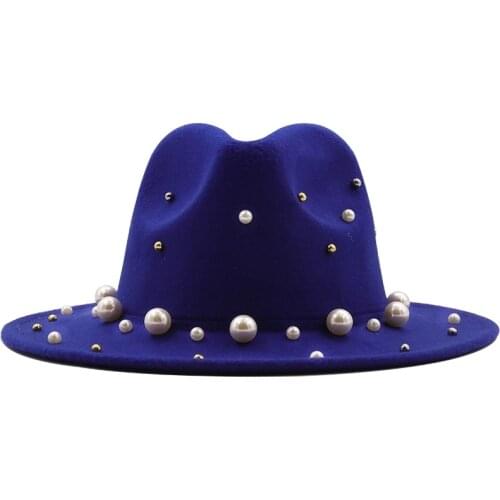 New Women Men Wool Fedora Hat With Big Pearl Gentleman Elegant Lady Winter Autumn Wide Brim Church Panama Sombrero Jazz Cap