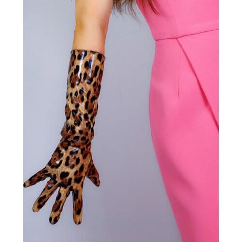 Leopard Mid-Length Gloves 40cm Female Faux Leather Bright Patent Leather Women Leather Gloves Brown Leopard Slim Hand WPU289