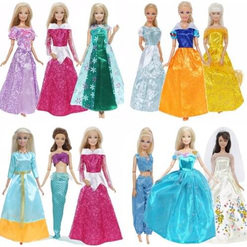 3 Sets Fairy Tale Classic Princess Doll Dresses COSPLAY Party Gown Clothes Accessories for Barbie Doll Kids Dollhouse Toys