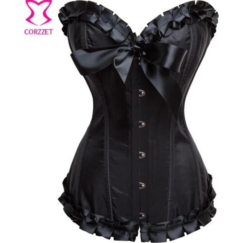 S - 6XL Mulheres Plus Size Waist Trainer Corset Gothic Satin Overbust Victorian Look Corselet Preto Sexy Bustier Top Corpetes