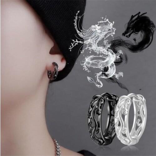 New Trendy Hollow Dragon Earrings Men Hoops Jewelry Gift Retro Ethnic Silver 925 Earrings Male Party Accessories On Ear Buckle