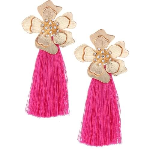 Bohemian Red Long Tassel Stud Earrings for women Wedding Party Vintage Fashion Big Crystal Flower Earrings Christmas Jewelry
