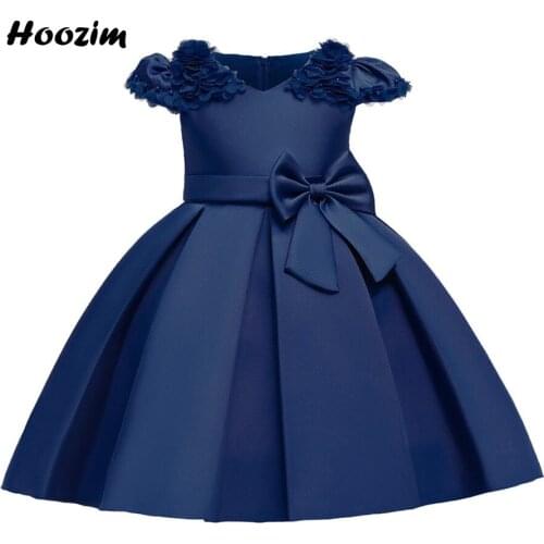 Dark Blue Modest Back Zipper Puff Sleeve Prom And Gala Dress Girls 4-11 Years Luxury Front Bow Applique Weeding Dresses Children