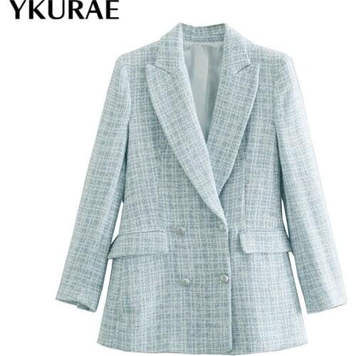 YKURAE Stylish Chic Blue Tweed Jacket Women Fashion Turn-down Collar Double Breasted Pockets Coat Female Casual Outerwear FL354