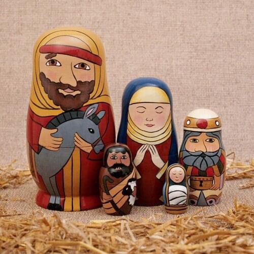 5Pcs/Set Hand Painted Nativity Family Beautiful Wooden Nesting Dolls Matryoshka Kids Toy Home Decoration Gifts