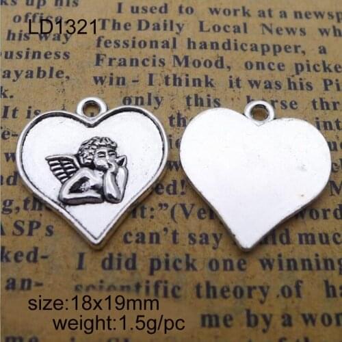 50pcs/lot Alloy Antique Silver 18x19mm Angel Heart Charm Pendant Fit Bracelet Necklace DIY Metal Jewelry Making