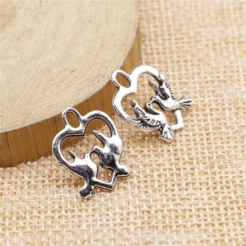 Free shipping 92pcs 18x14mm antique silver Heart to bird charms diy retro jewelry fit Earring keychain hair card pendant