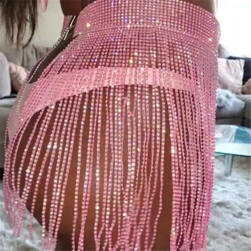 Shiny Rhinestones Mini Skirts Tassel Crystal Diamonds Women Night Club Party Rave Festival Sexy Skirt Beach Bikini Wear Cover
