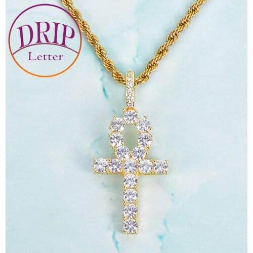 Ankh Cross Pendant Gold Color Zircon Necklace Men Women Hip Hop Rock Street Jewelry