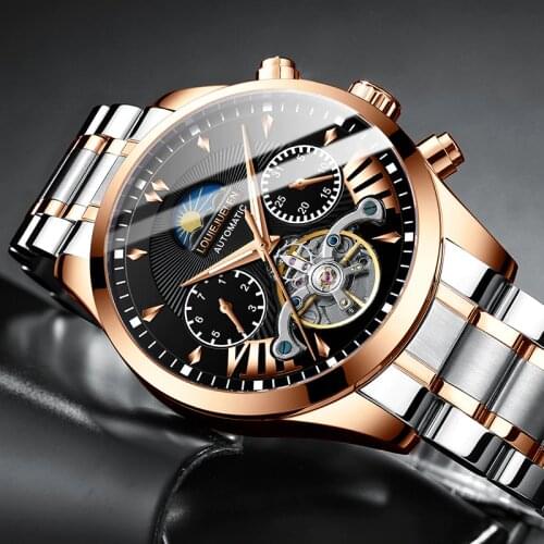 BELUSHI Men Automatic Watch Luxury Skeleton Tourbillon Clock Mens Stainless Steel Business Waterproof Mechanical Wristwatches