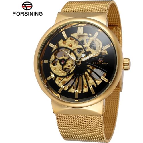 FORSINING Mens New Arrival Popular Mechanical Hand-wind Ultra Thin Stainless Steel Bracelet Mesh Skeleton Wrist Watch FSG8126M4