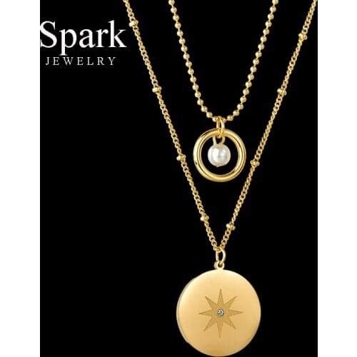 Spark Stainless Steel Octagonal Star Pendant Necklace Round Pearl Pendant Double-layer Chain Beads Necklace For Women Party Gift