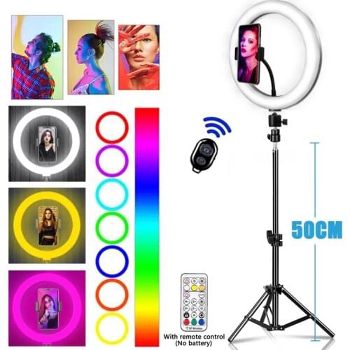 RGB Selfie Ring Light LED Round Photography Fill Lamp Dimmable 26 Color With Tripod Stand & Phone Holder For Youtube Video Live