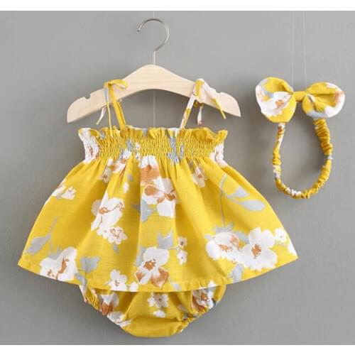 Summer Baby Girl Outfits Set Flower Printed Sleeveless Top T-shirt Shorts Headband 3 Pcs Infant Clothes