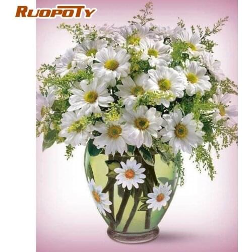 RUOPOTY Oil Paints By Numbers For Adults Children Handmade Feverfew Flower Picture Acrylic Paint Coloring Canvas Modern Home Art