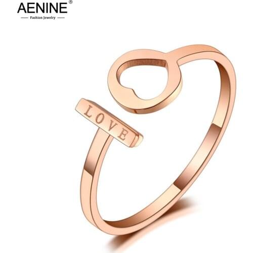 AENINE Fashion Office Style Titanium Stainless Steel Love Heart Rings Simple Heart Cocktail Party Ring For Women Girls AR20017