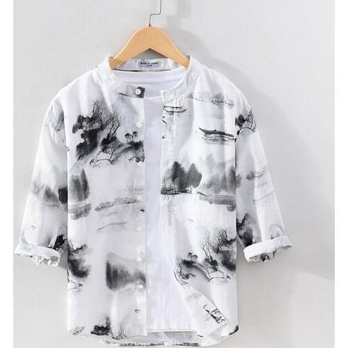 2021 Suehaiwes brand pure linen stand collar shirt men casual three-quarter sleeve summer shirts for men tops mens clothing