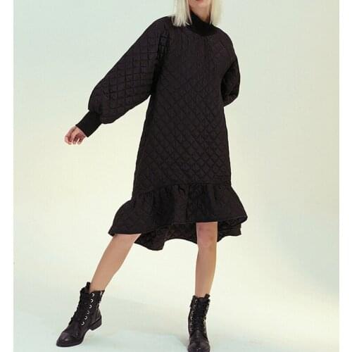 SeeBeautiful New Fashion Spring 2021 Simple Turtleneck Long Lantern Sleeve Warm Stitching Loose Fishtail Dress Woman Q560