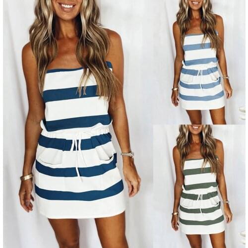 New Dress Womens Fashion Casual Ruffles Beach Dresses Female Top Open Back Sexy Stripe Printed Sleeveless Dress Strapless Dress