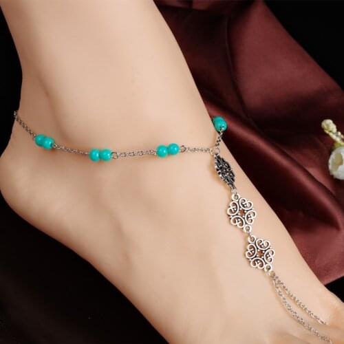 Summer Fashion Simple Silver Color Chain Toe Ring Anklet Vintage Geometric Green Opal Beaded Ankle Anklet For Women Foot Jewelry