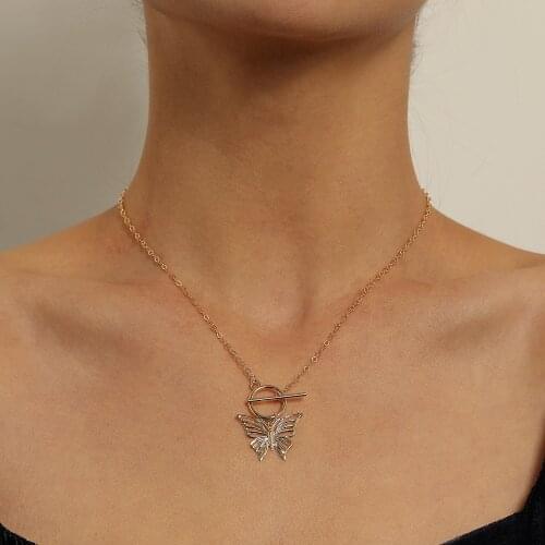 Trendy Gold Silver Color OT Buckle Geometric Butterfly Pendant Necklace For Women Temperament Metal Chain Necklace Jewelry