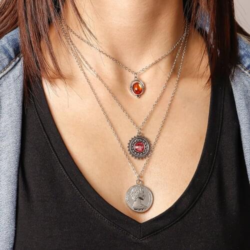 Vintage Round Portrait Coin Sun Pendants Necklaces for Women Long Multilayer Chain Necklaces Female Silver Color Jewelry Gift