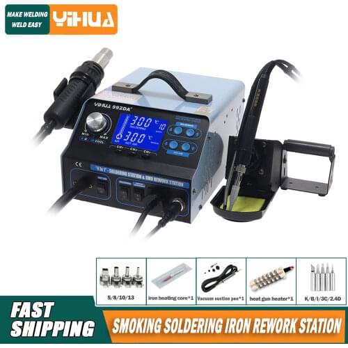 YIHUA 992DA LCD Soldering Station With Smoking Solder Iron Vacuum Pen BGA Rework Station Hot Air Blow Dryer Welding Station
