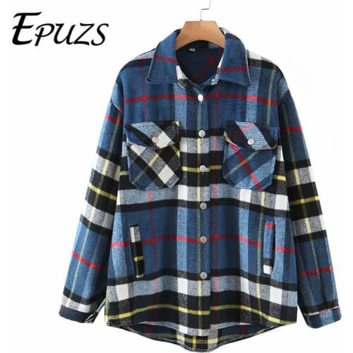 Famale Clothing Vintage Lapel Oversize Pocket Jacket Coat 2020 New Fashion Slim Plaid Elegant Jacket Famale Outerwear Chic Top