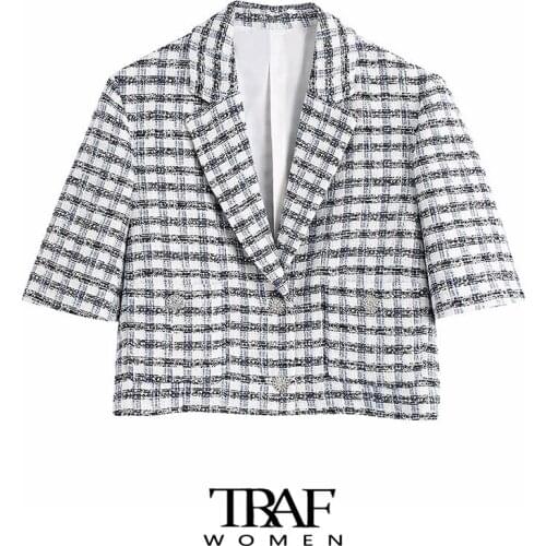TRAF Za Women Fashion With Buttons Tweed Cropped Blazer Coat Vintage Short Sleeve Pockets Female Outerwear Chic Veste