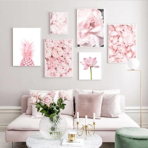 Pink Rose Flower pineapple Lotus Plant Nordic Poster Modern Wall Art Print Canvas Painting Wall Pictures For Living Room Decor