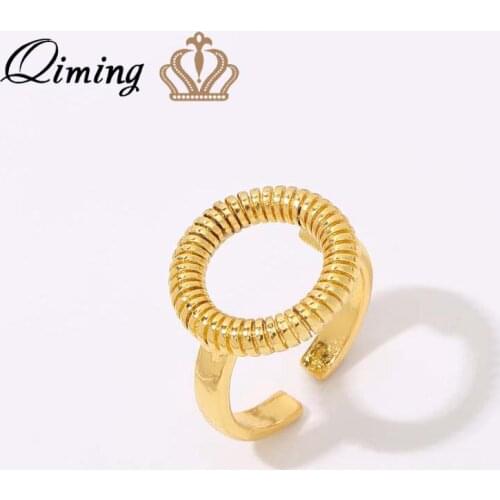 QIMING Handmade Circle Round Korean Rings For Women Golden Open Adjustble Geometric Finger Ring Gift