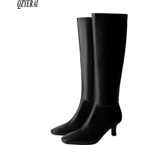 QZYERAI New winter Genuine leather knee boots Women boots High heels Chelsea Female boots cowhide warm Women shoes