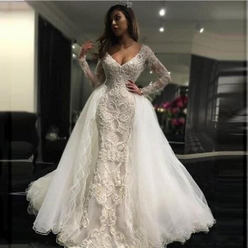 LuxuryIllusion Long Sleeve Mermaid Wedding Dress Sweep Train Appliques Bridal Gown Vestido De Noiva with Detachable Train